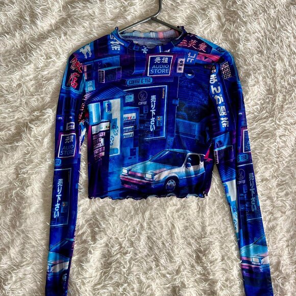 SHEIN X Mr. Melville - Japanese Letter and Graphic Print Lettuce Trim Crop Top - Picture 2 of 9